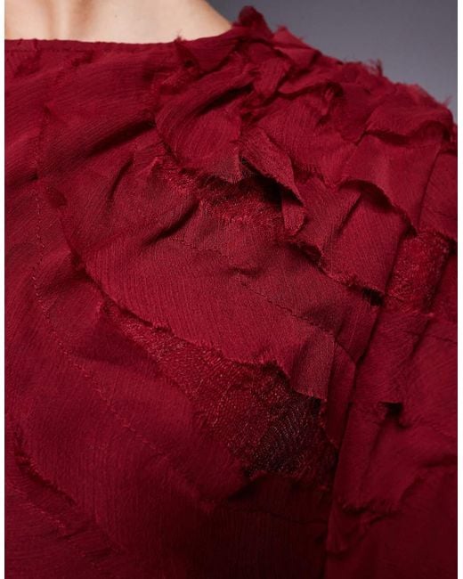 ASOS Red High Neck Long Sleeve Raw Edge Ruffle Maxi Dress With Lace Inserts