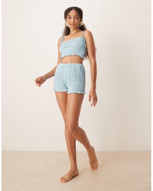 ASOS Blue Satin Textured Cropped Cami And Short Pyjama Set