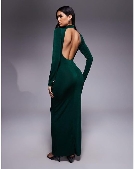 ASOS Blue Long Sleeve Slinky With Sash And Tie Drape Detail And Open Back Maxi Dress