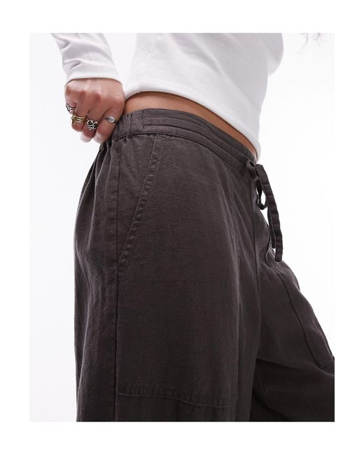 Pantalon droit taille basse en lin avec cordon à la taille - anthracite TOPSHOP en coloris Black