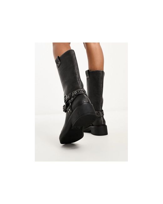 Bershka Black Buckle Detail Calf Length Boots