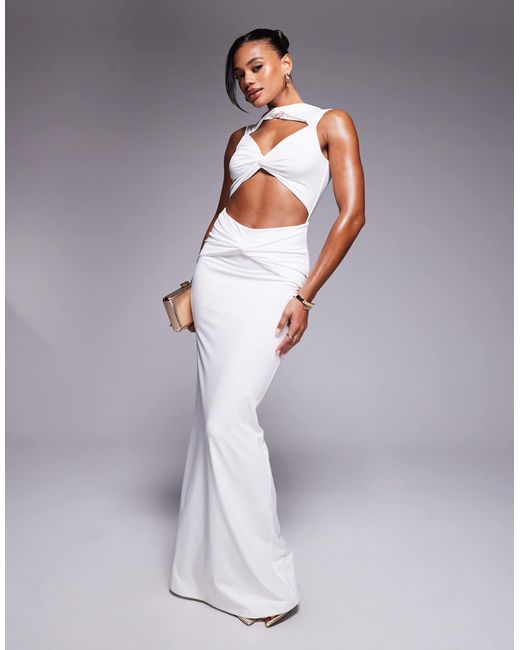 Aria Cove Gray Double Layered Slinky Cut Out High Neck Twist Front Maxi Dress