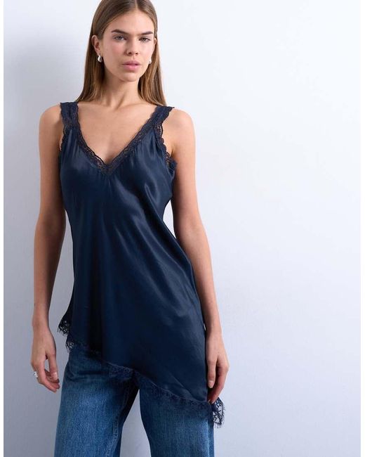 TOPSHOP Blue Satin Lace Insert Tunic Top