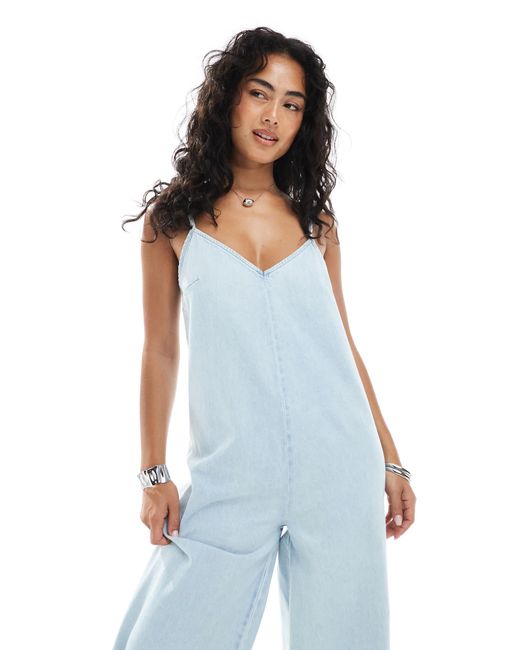 ASOS Blue Soft Denim Scoop Neck Wide Leg Jumpsuit