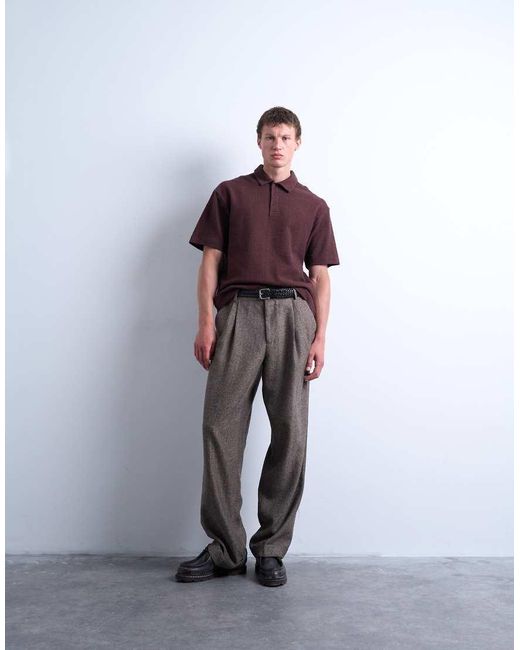 Topman Purple Wide Leg Pleated Herringbone Pants for men