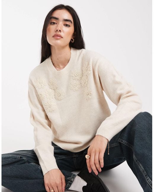 Brave Soul Natural Crew Neck Jumper With Flower Embroidered Detail