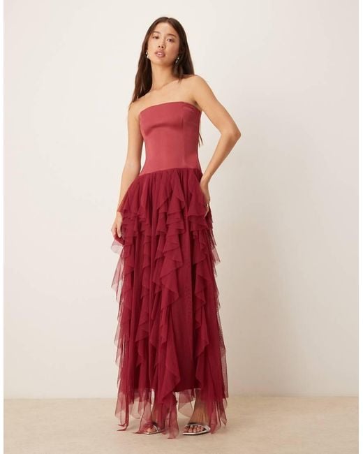 LACE & BEADS Red Bandeau Tulle Ruffle Detail Maxi Dress