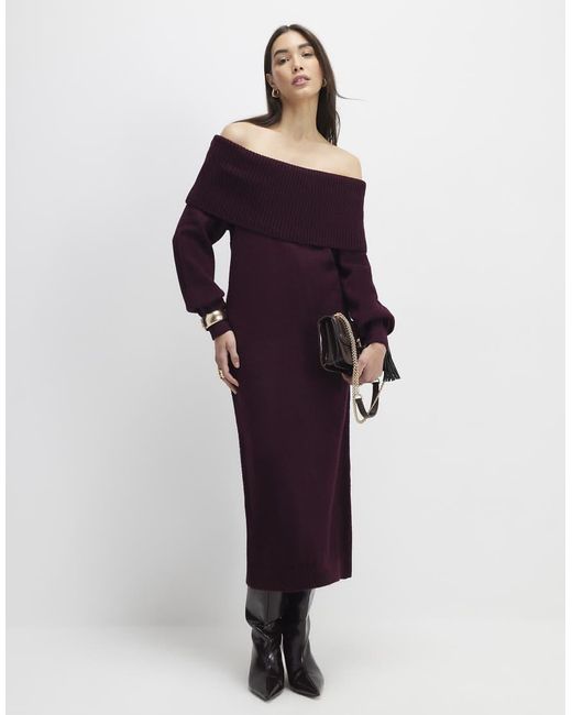 River Island Purple Knit Long Sleeve Bardot Midi Dress