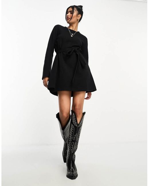 ASOS Black Super Soft Flare Sleeve Sweater Swing Mini Dress With Belt