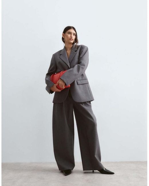 ARRANGE Gray Premium Oversized Wool Blazer With Contrast Stripe Lining