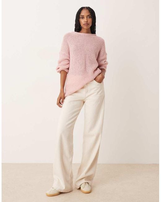 ASOS Pink Knitted Relaxed Slash Neck Jumper With Rolled Edge Detail