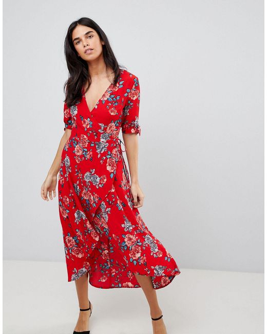 red floral midi wrap dress