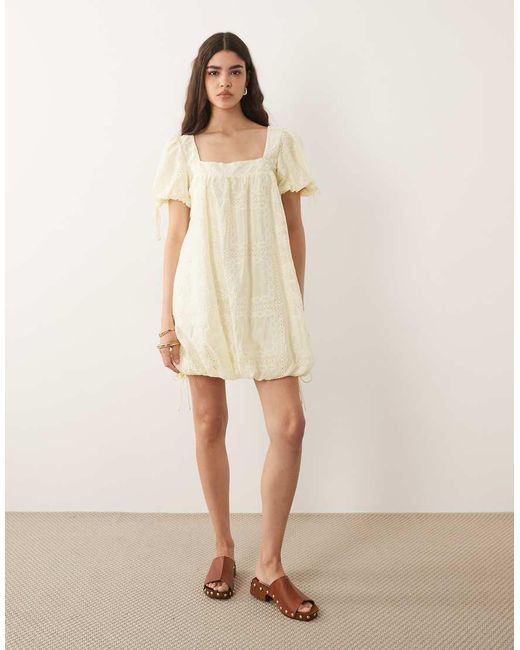 ASOS Natural Square Neck Bubble Mini Dress With Embroidery Detail