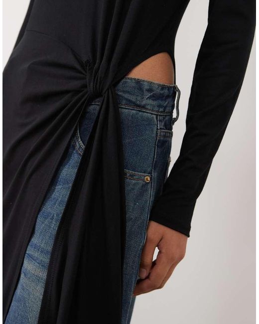 ASOS Black Draped Side Knotted Long Sleeve Top