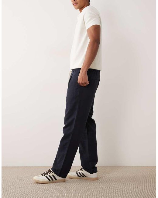 Mango Blue Linen Blend Straight Leg Draw String Trousers for men