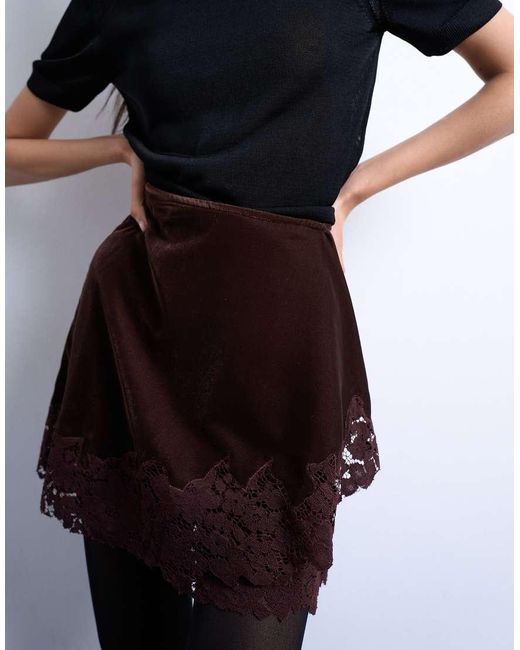 TOPSHOP Black Velvet Asymmetric Mini Skirt With Lace Trim