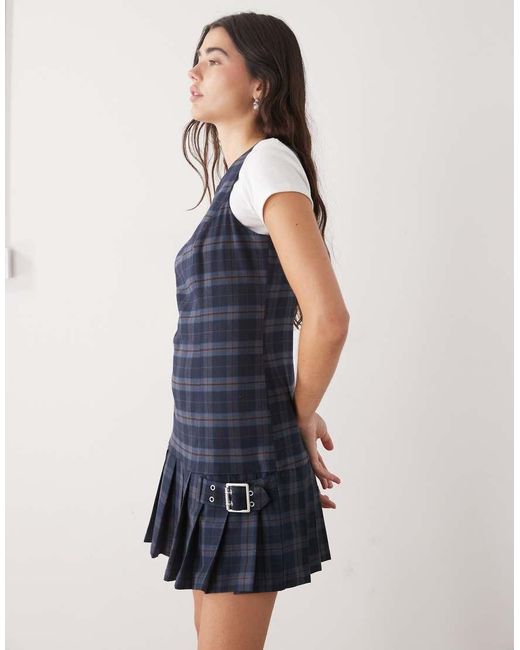 The Ragged Priest Blue Pleated Kilt Mini Dress With Dropped Waist