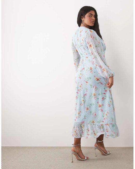 Vila Curve Blue Dobby Wrap Maxi Dress With Frill Detail