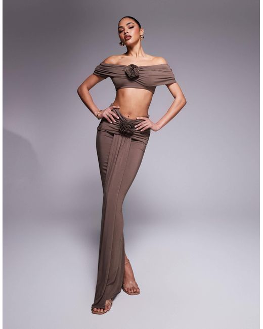 Wanderdoll Brown Belle Ruched Bardot Top And Maxi Skirt Set With Corsage Drape Detail