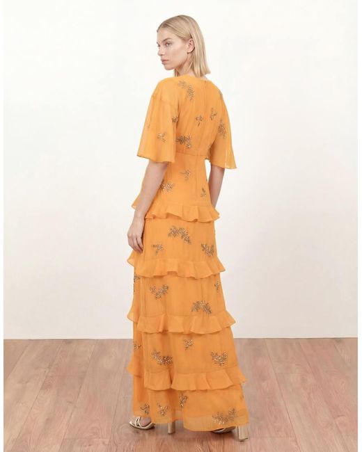 Maya Orange Floral Embellished V Neck Kimono Sleeve Ruffled Maxi Dress