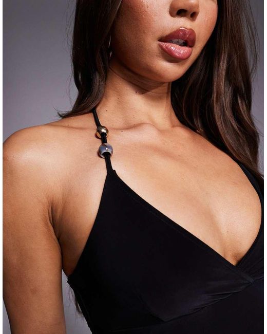 Fashionkilla Blue Exclusive Double Sculpted Slinky Halterneck Bead Detail Cami Top
