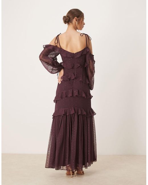 ANAYA Purple Cold Shoulder Ruffle Maxi Dress