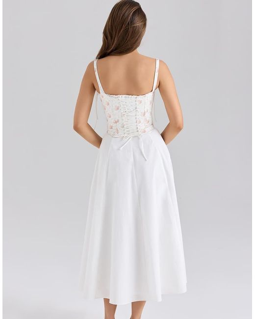 House Of Cb White Clarabelle Rose Print Cotton Detachable Corset Midi Sundress