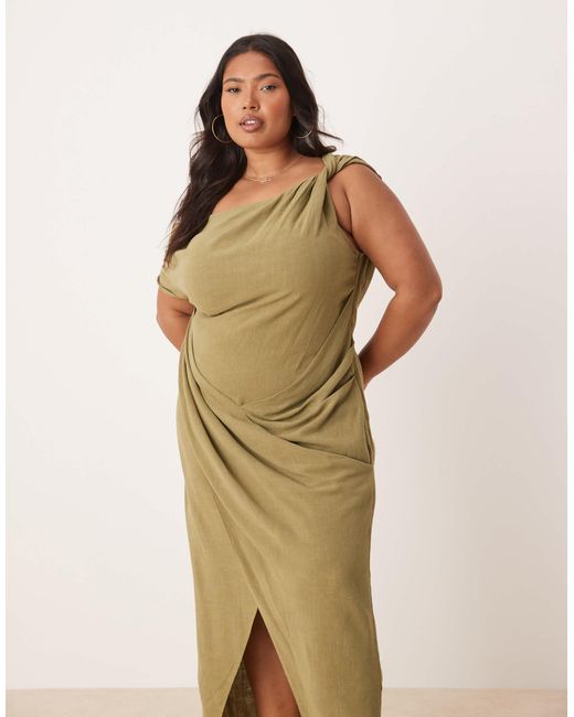 Asos design curve - robe mi-longue en lin avec épaule torsadée tombante et jupe croisée - kaki ASOS en coloris Natural