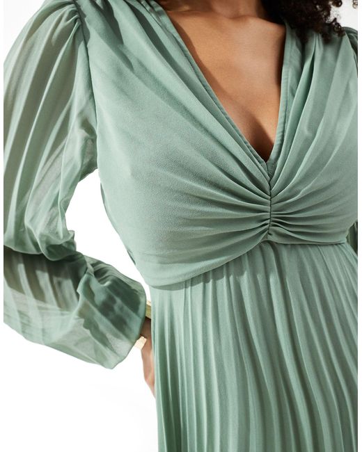 ASOS Green Pleated Bodice Plunge Neck Midi Dress
