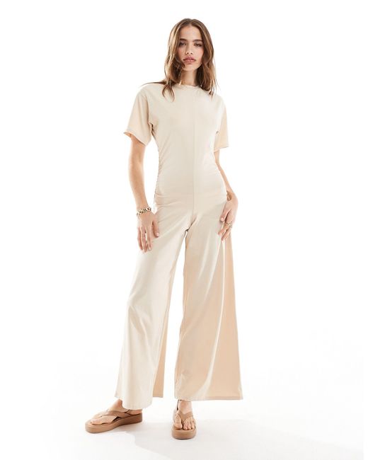 ASOS Natural Ruched Side Jumpsuit With Wide Leg