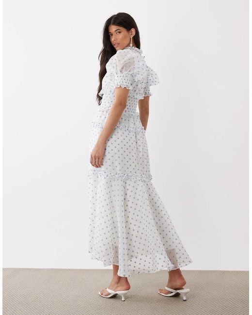 Sister Jane White Chiffon Shirred Ruffle Puff Sleeve Maxi Dress