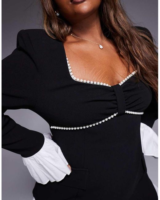 ASOS Black Curve Structured Long Sleeve Mini Dress With Pearl Trim And Pleated Skirt