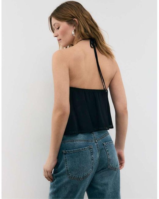 Stradivarius Black Embroidered Halter Top