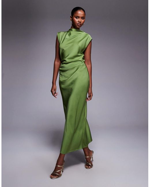 ASOS Green Satin High Neck Pleated Bodice Midi Dress