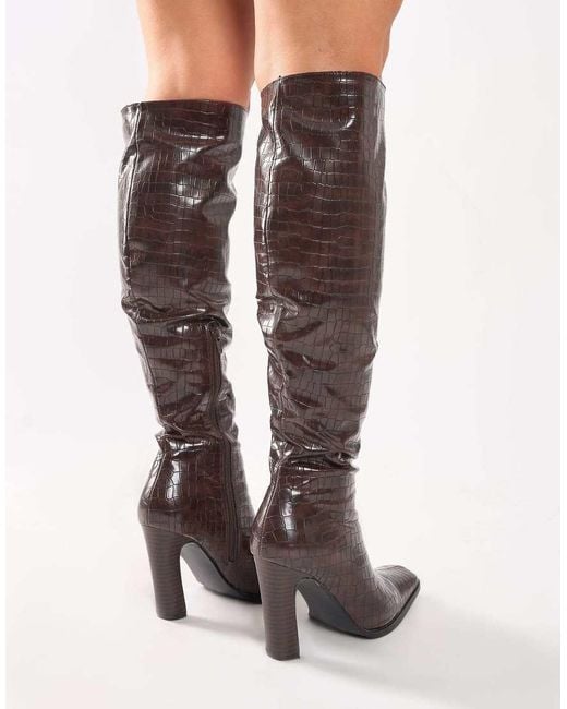 Public Desire Brown Acquilla Croc Knee High Flared Heel Boots