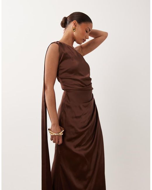TFNC London Brown Tfnc Bridesmaid Petite Satin One Shoulder Drape Back Split Detail Maxi Dress