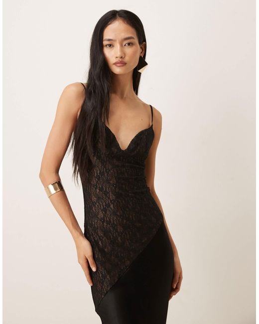 Bardot Aralia Asymmetric Lace Bodice Satin Hem Maxi Dress in Black | Lyst