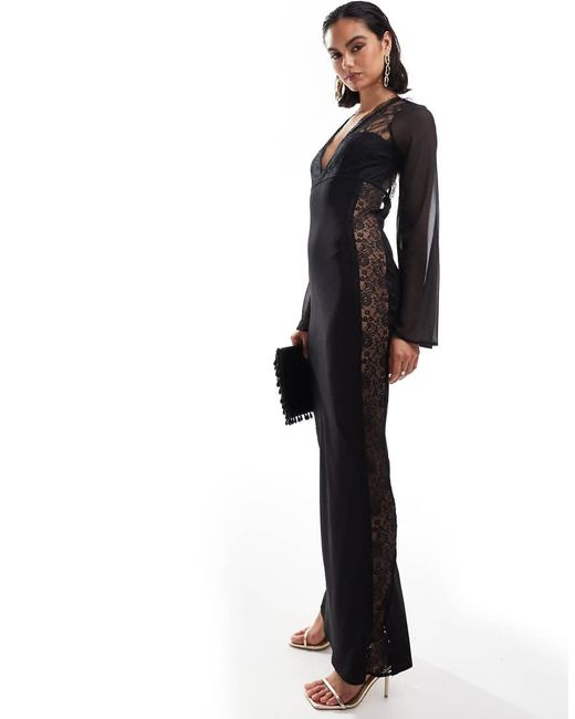 ASOS Schuingesneden Maxi Jurk Van Mix Van Chiffon En Kant Met Uitsnijding in het Black