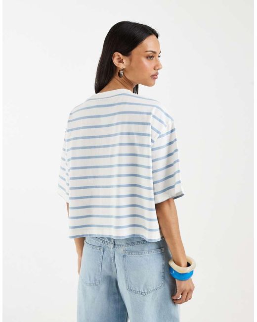 ASOS White Boxy Cropped T-shirt Baby Blue & Cream Stripe