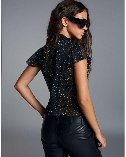 Bershka Black Fitted Short Sleeve Ruffled Shirt