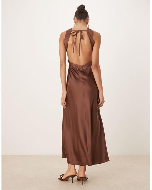 OMNES Brown Aurelia Satin Lace Trim Maxi Dress