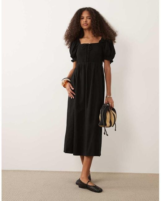 New Look Black Tie Front Shirred Midi Dress