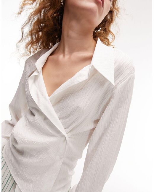 TOPSHOP Textured Wrap Top in White | Lyst Canada