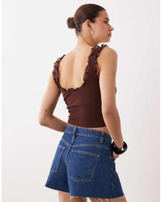 Miss Selfridge Blue Ribbed Vest Top With Lace Detail