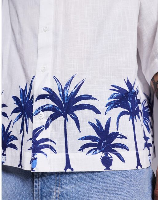 ASOS White Boxy Oversized Linen Look Shirt With Palm Tree Print for men