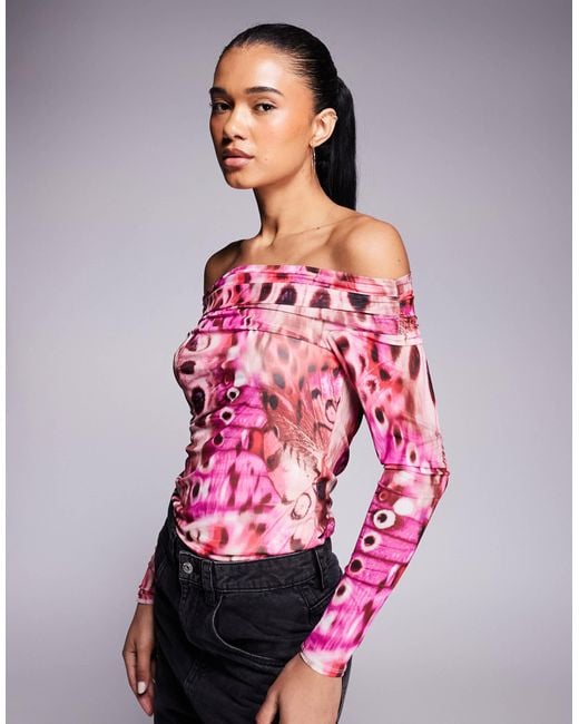 AFRM Pink Asymmetric Off Shoulder Mesh Top