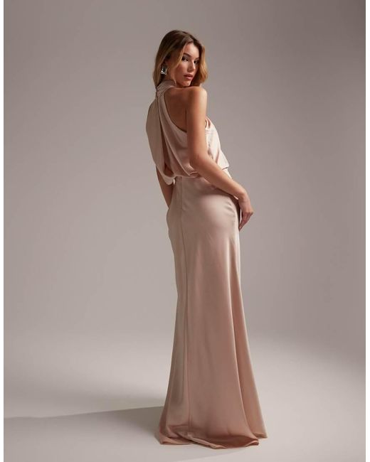 ASOS Pink Bridesmaid Satin Ruched Halter Neck Maxi Dress