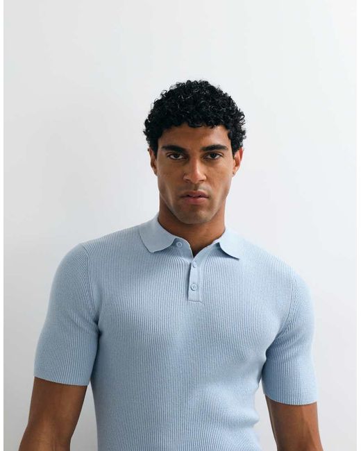 ASOS Blue Essential Muscle-Fit Fine-Rib Knit Polo for men