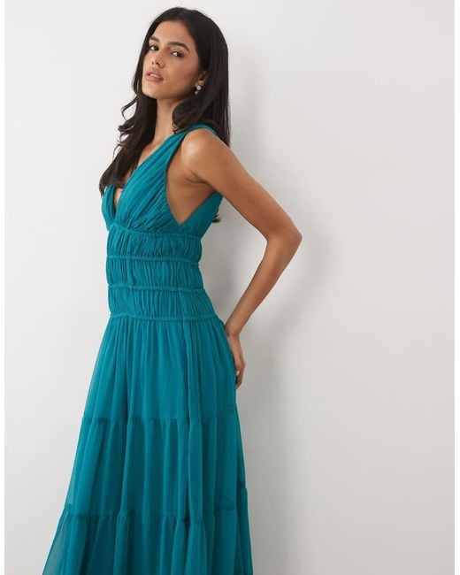 Abercrombie & Fitch Blue V-neck Flowy Crinkle Chiffon Maxi Dress