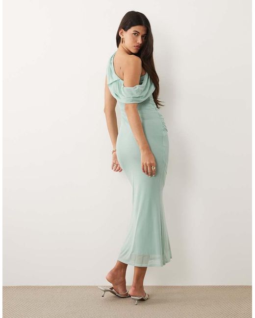 ASOS Green Mesh Off Shoulder Drape Maxi Dress With Ruching Detailing In